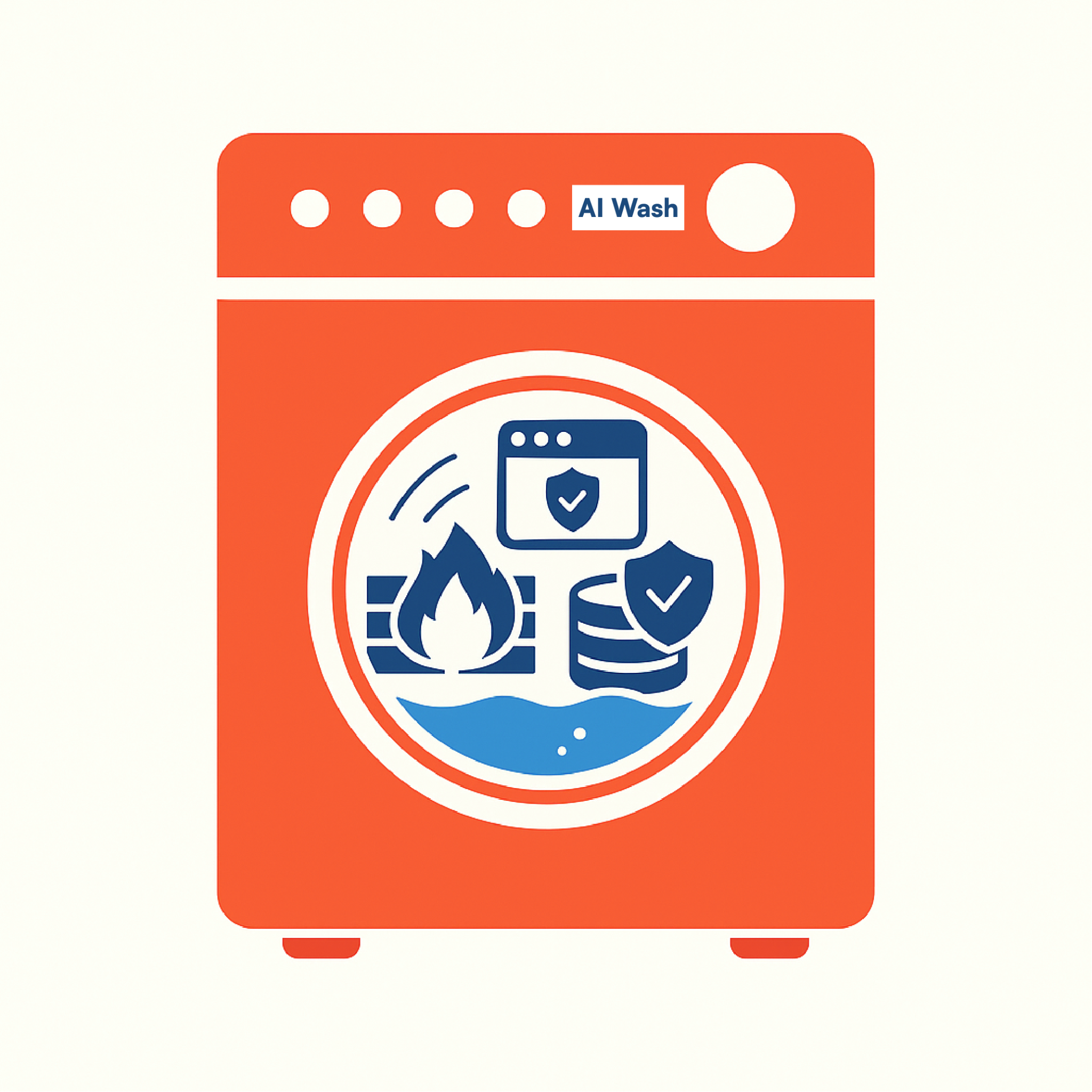 A firewall, secure web gateway, and DSPM tool are in a washer labeled "AI Wash."