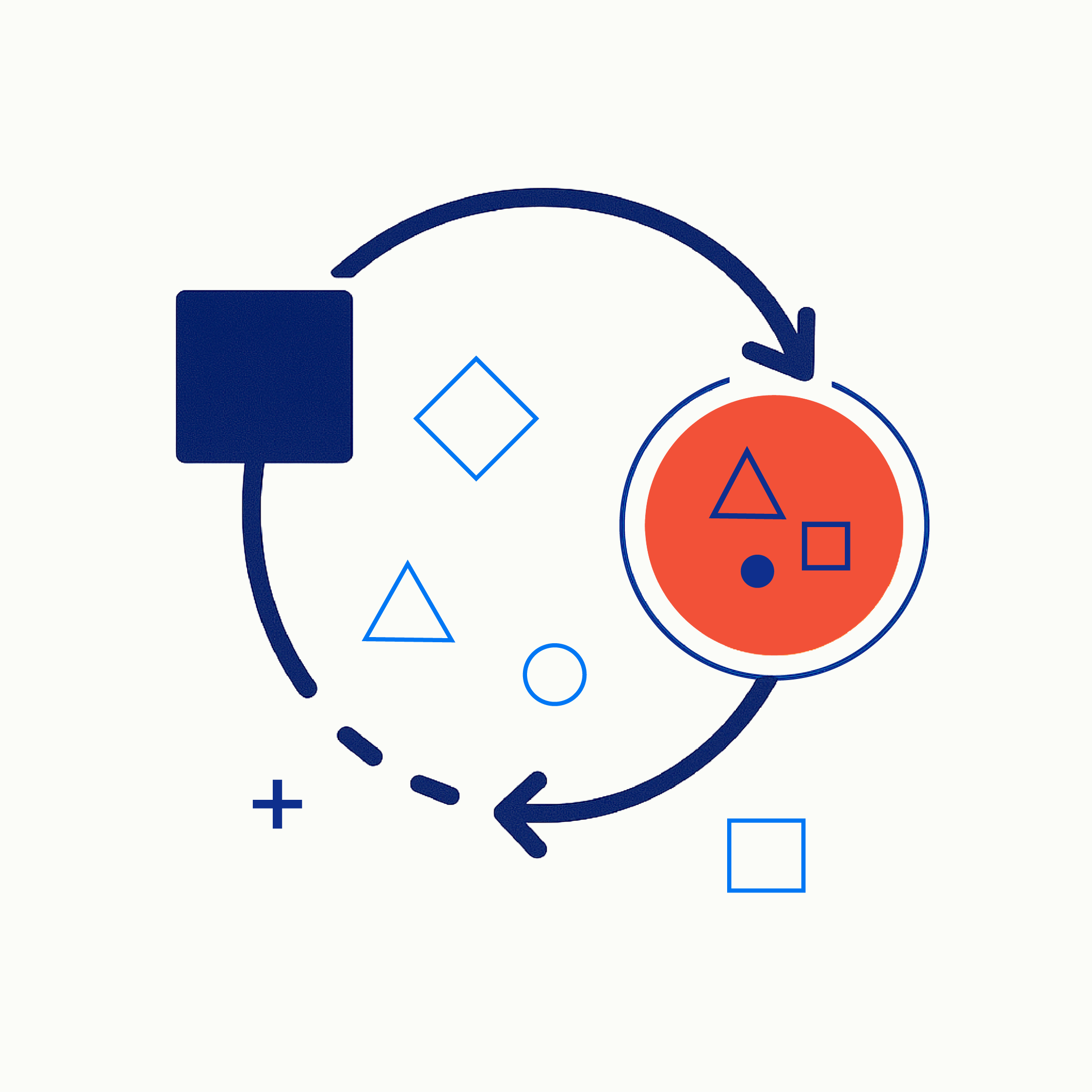 Abstract illustration of a dark blue square and a red circle connected by curved arrows, symbolizing transformation or interaction. The red circle contains smaller geometric shapes—a triangle, square, and circle—while faint outlines of shapes float in the background, suggesting variety, change, or contextual awareness.